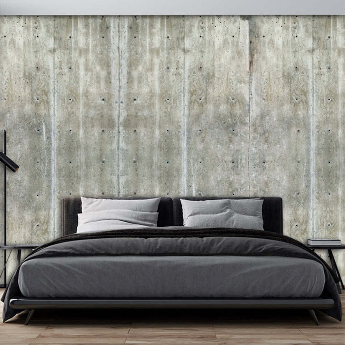 Industrial Cement Texture Wallpaper - Minimalist & Luxury Wall Design for Living Room & Bedroom used as a backdrop in modern bedroom with concrete wall and sleek bed