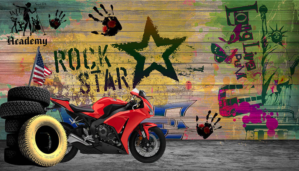 Industrial style graffiti wallpaper | Motorcycle graffiti aesthetic decoration: Rock Star scene with red motorcycle, graffiti wall backdrop, tires, and explosive urban art