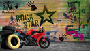 Industrial style graffiti wallpaper | Motorcycle graffiti aesthetic decoration: Rock Star scene with red motorcycle, graffiti wall backdrop, tires, and explosive urban art