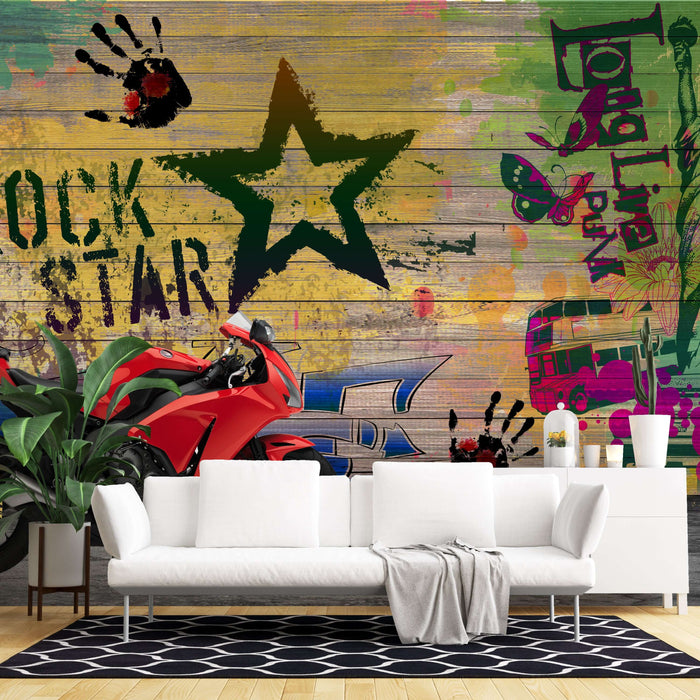 Industrial style graffiti wallpaper | Motorcycle graffiti aesthetic decoration - vivid wall mural with motorcycle, star, rock symbols and Livehouse vibe
