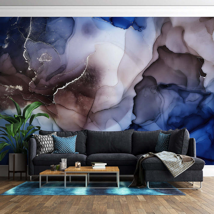 Ink and wash blended art wallpaper | Abstract fluid painting wallpaper scene with blue, purple, and maroon ink-like gradients forming flowing gallery-style art in a living room