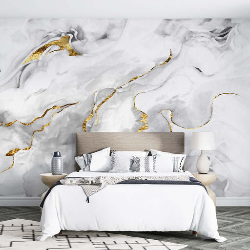 Ink gilded marble wallpaper mural | Golden lines like flowing light in modern bedroom and living room styling