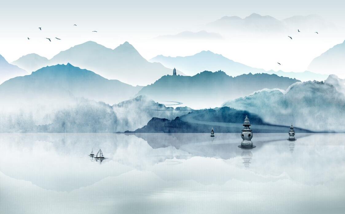 Ink landscape mural | Landscape reflection wallpaper - Carving wallpaper