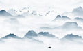 Ink landscape wallpaper mural | cloud mountains and birds elements - Carving wallpaper