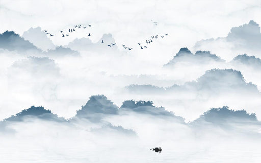 Ink landscape wallpaper mural | cloud mountains and birds elements - Carving wallpaper