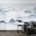 Ink landscape wallpaper mural | cloud mountains and birds elements - Carving wallpaper
