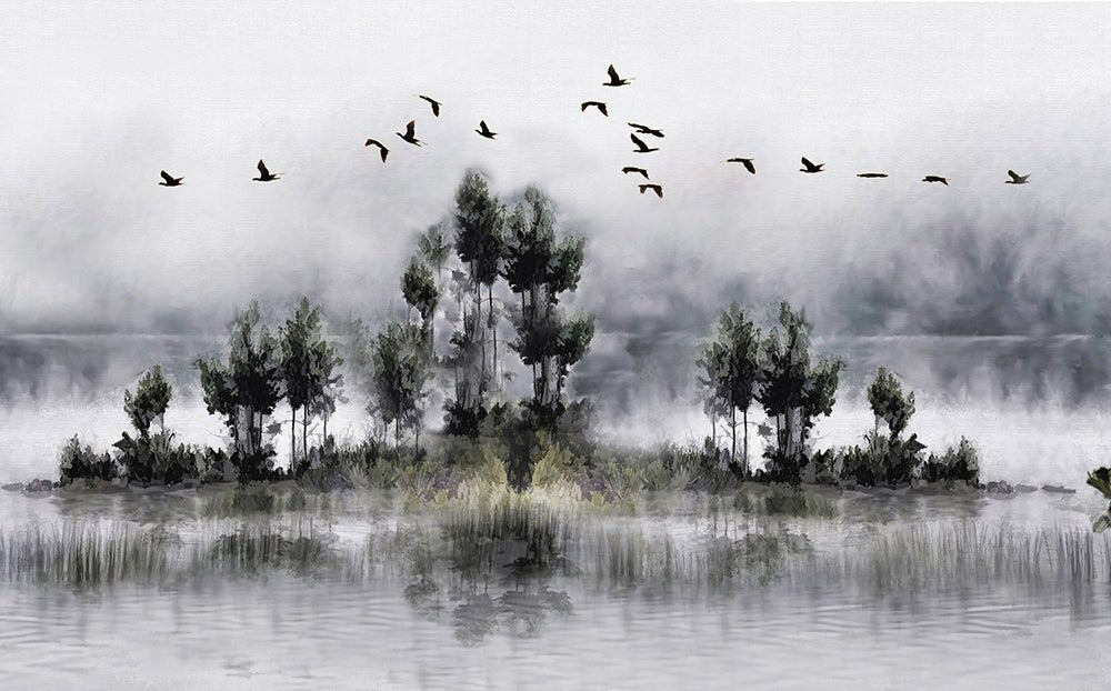 Ink landscape wallpaper mural | Dynamic flying birds and reflections - Carving wallpaper