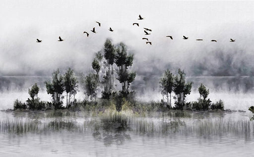 Ink landscape wallpaper mural | Dynamic flying birds and reflections - Carving wallpaper