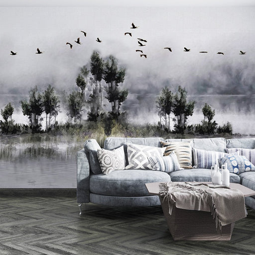 Ink landscape wallpaper mural | Dynamic flying birds and reflections - Carving wallpaper