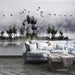 Ink landscape wallpaper mural | Dynamic flying birds and reflections - Carving wallpaper