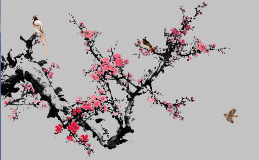 Ink Plum Blossom Wallpaper Mural | Ink Plum Blossom with Flying Birds - Carving wallpaper