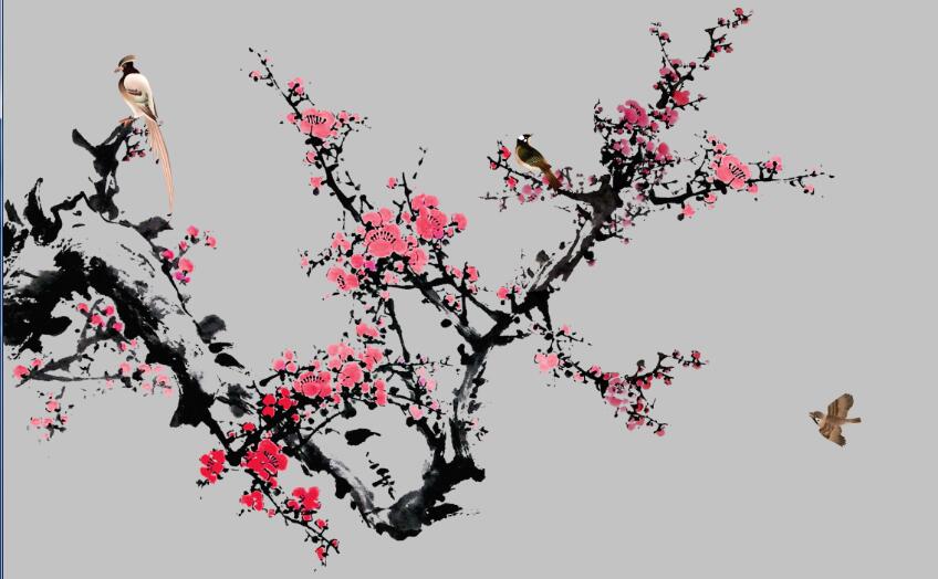 Ink Plum Blossom Wallpaper Mural | Ink Plum Blossom with Flying Birds - Carving wallpaper