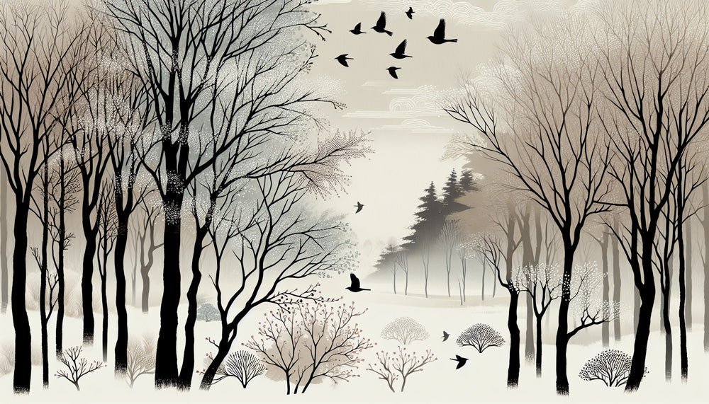 Ink Snow Landscape Wallpaper Mural | Black and White Tree Silhouettes