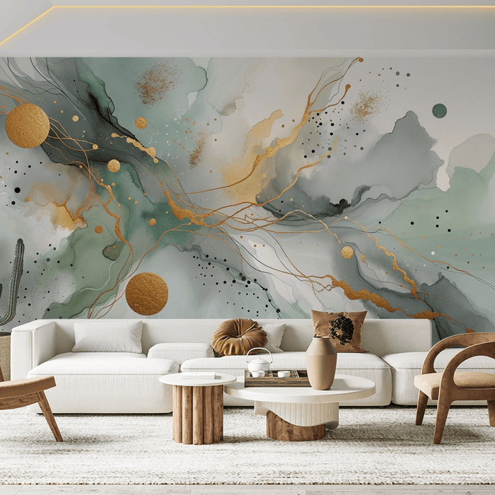 Ink style wallpaper mural | Abstract art with green, gray, and gold color schemes - Carving wallpaper