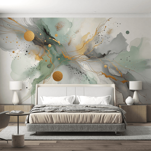 Ink style wallpaper mural | Abstract art with green, gray, and gold color schemes - Carving wallpaper