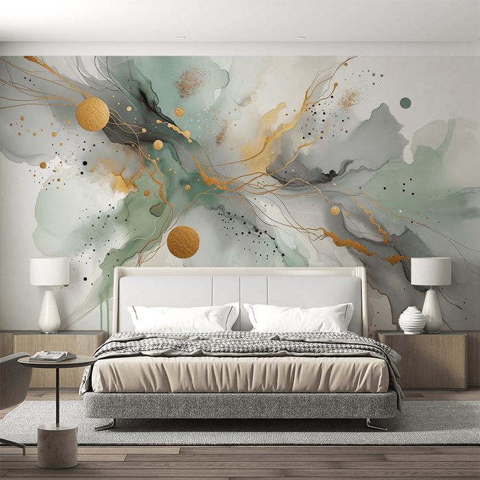 Ink style wallpaper mural | Abstract art with green, gray, and gold color schemes - Carving wallpaper