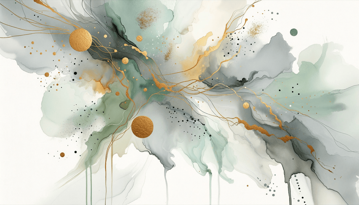 Ink style wallpaper mural | Abstract art with green, gray, and gold color schemes - Carving wallpaper