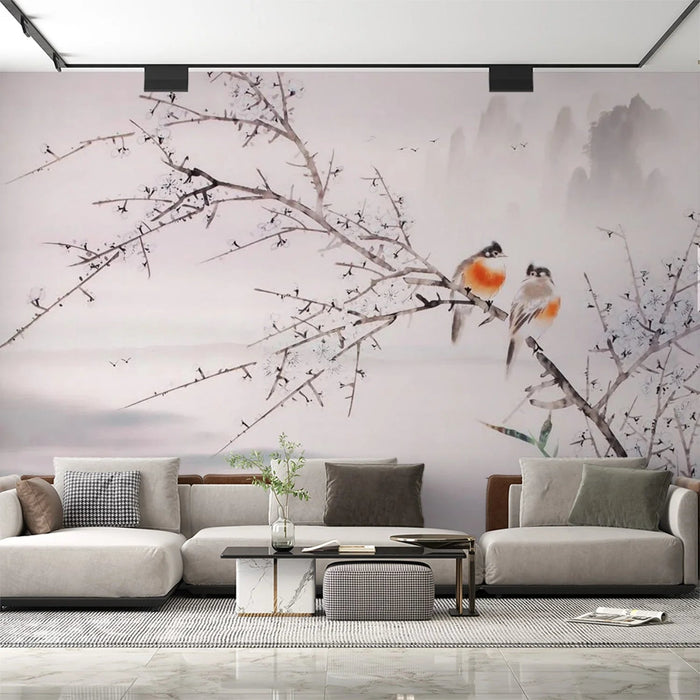 Ink wash flower and bird wallpaper mural | playful birds on tree branches - Carving wallpaper