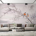 Ink wash flower and bird wallpaper mural | playful birds on tree branches - Carving wallpaper