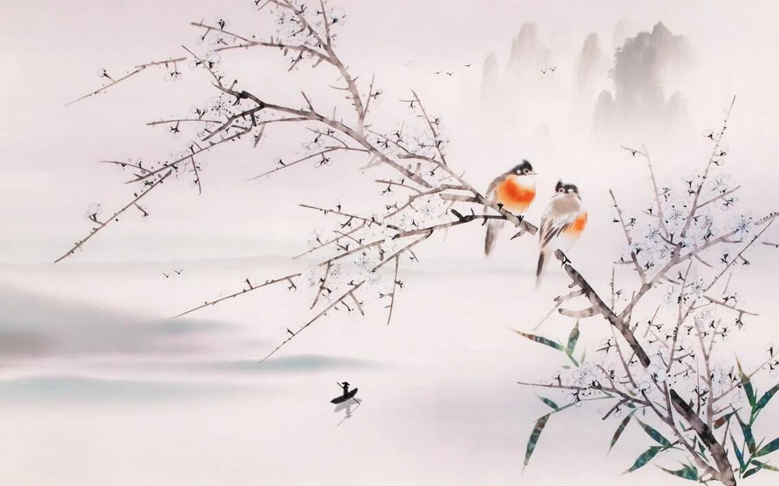 Ink wash flower and bird wallpaper mural | playful birds on tree branches - Carving wallpaper