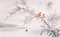 Ink wash flower and bird wallpaper mural | playful birds on tree branches - Carving wallpaper