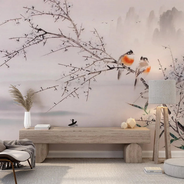 Ink wash flower and bird wallpaper mural | playful birds on tree branches - Carving wallpaper