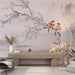 Ink wash flower and bird wallpaper mural | playful birds on tree branches - Carving wallpaper