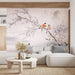 Ink wash flower and bird wallpaper mural | playful birds on tree branches - Carving wallpaper
