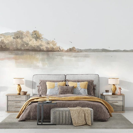 Ink wash landscape lake wallpaper mural | Mountains and trees - Carving wallpaper