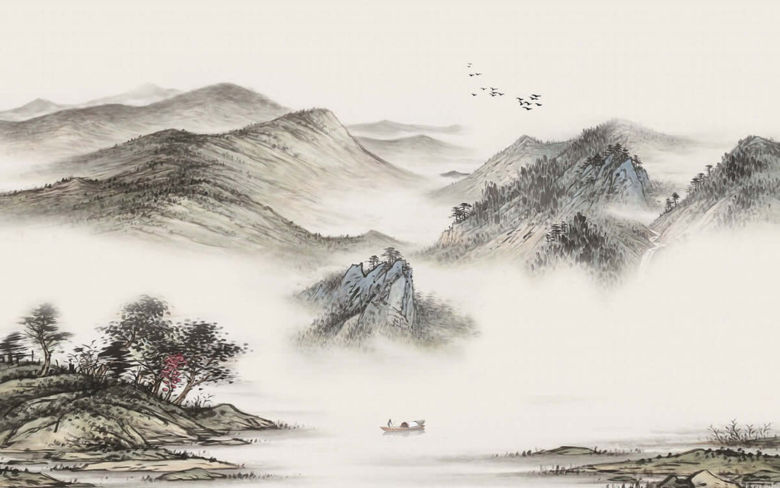 Ink wash landscape mural wallpaper | Chinese style study decoration with artistic conception — serene ink wash mountains, misty valley, birds in flight, tranquil river scene