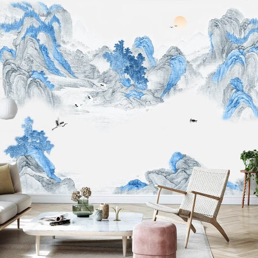 Ink wash landscape wallpaper mural | Blue, white - Carving wallpaper