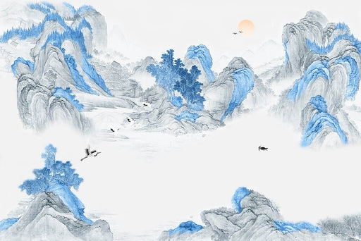 Ink wash landscape wallpaper mural | Blue, white - Carving wallpaper