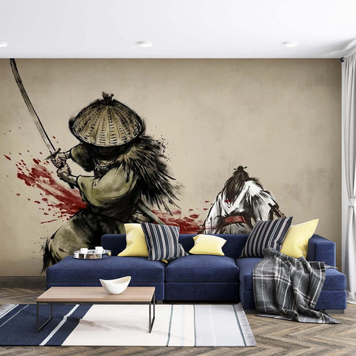 Ink wash martial arts style wallpaper mural | Ink splashed swordsman, blood red sword aura.
