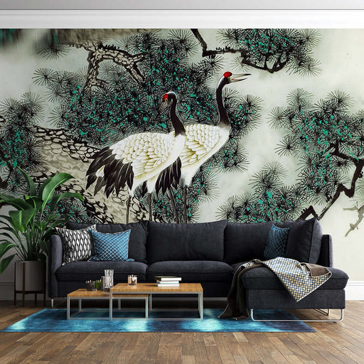 Ink and wash pine crane wallpaper mural | Crane and pine tree decoration - Chinese art wallpaper mural featuring pine trees and cranes for auspicious longevity and health.