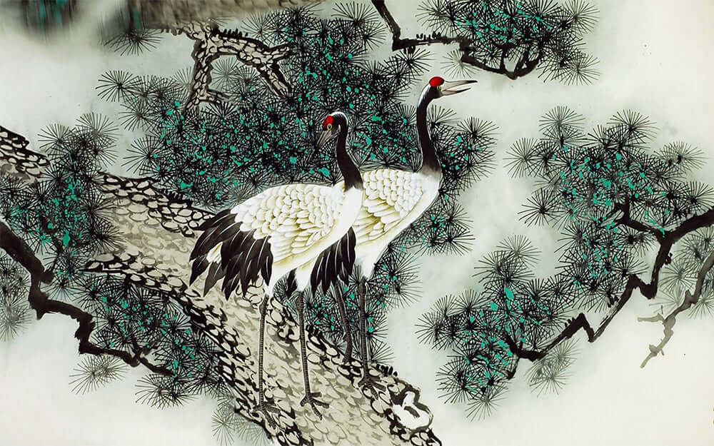 Ink and wash pine crane wallpaper mural | Crane and pine tree decoration