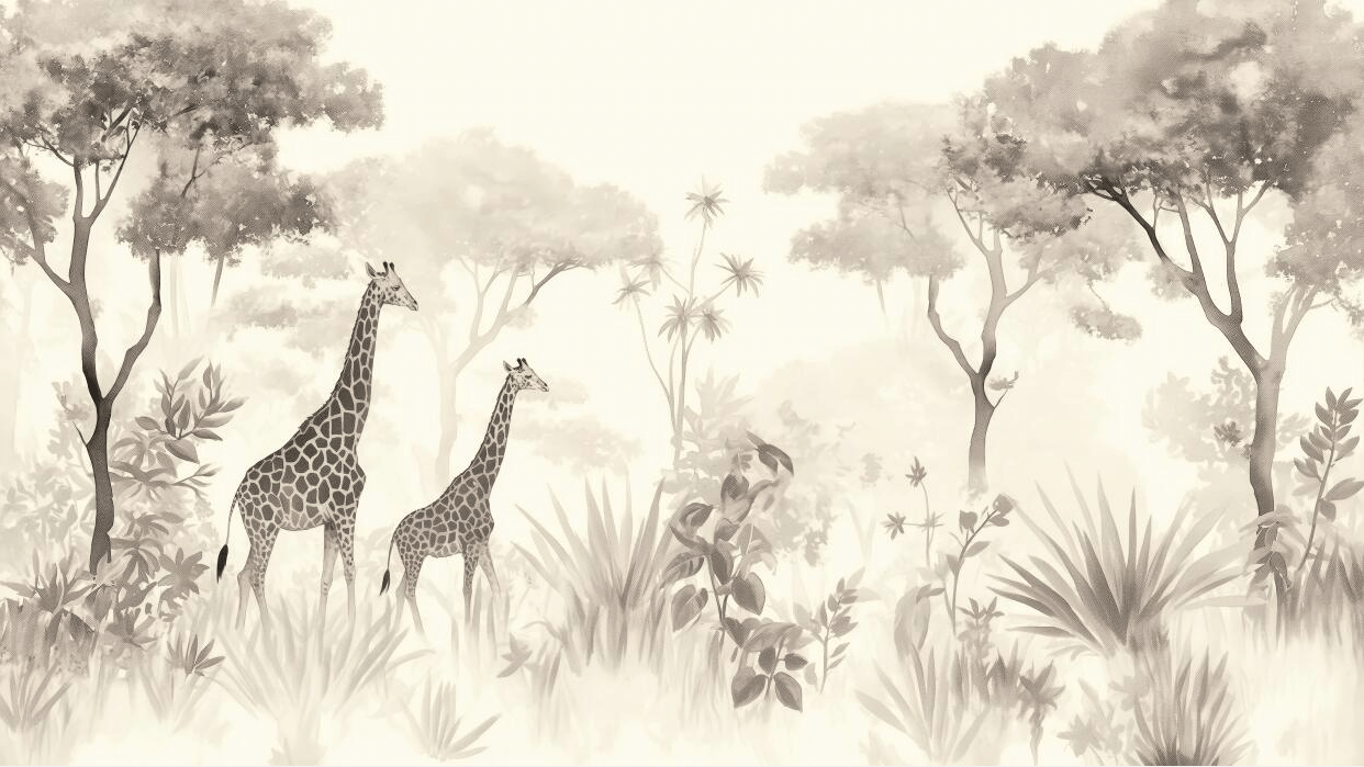 Ink wash style animal wallpaper mural | Giraffe jungle pattern - Carving wallpaper