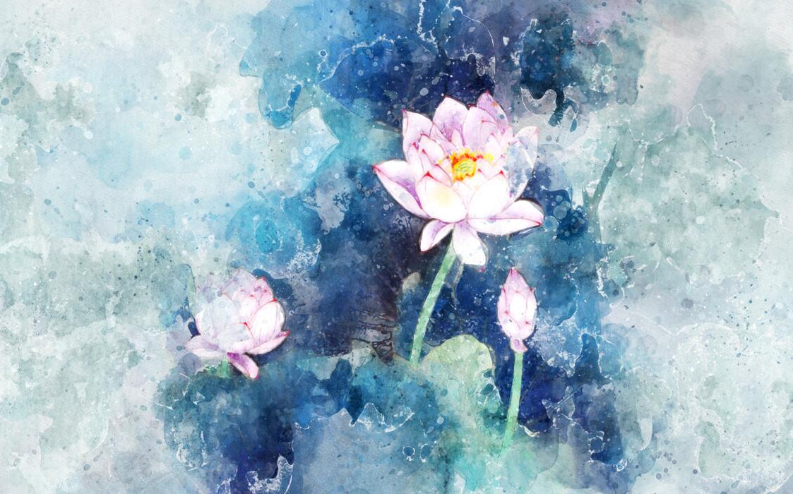 Ink wash style lotus wallpaper mural | Blue background exudes elegance - Carving wallpaper
