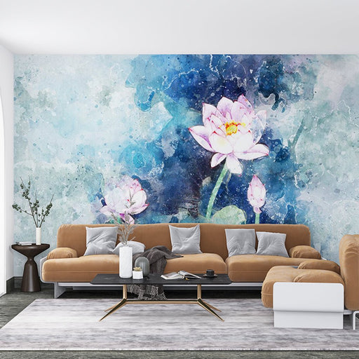 Ink wash style lotus wallpaper mural | Blue background exudes elegance - Carving wallpaper