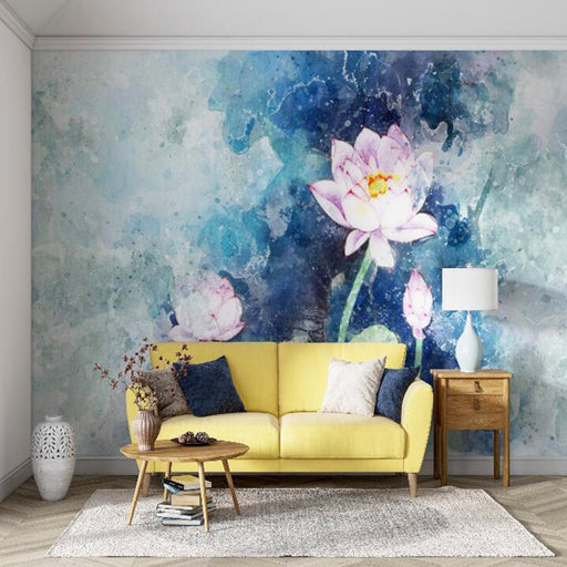 Ink wash style lotus wallpaper mural | Blue background exudes elegance - Carving wallpaper