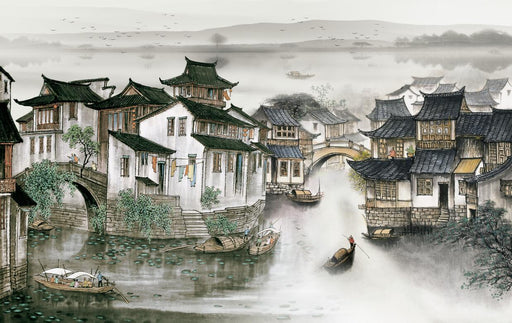 Ink wash style wallpaper mural | Ink wash Jiangnan water town style painting - Carving wallpaper
