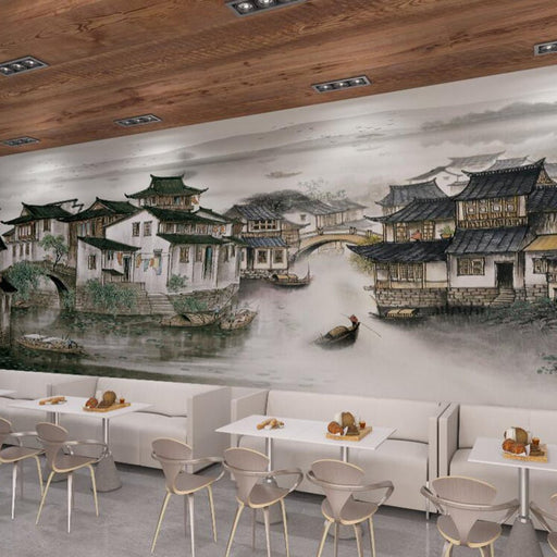 Ink wash style wallpaper mural | Ink wash Jiangnan water town style painting - Carving wallpaper
