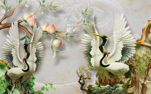 Jade Carved Crane Mural Wallpaper | Peach & Pine Longevity Symbol | Serene Elegance with cranes among peaches and pine branches