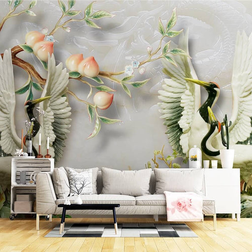 Jade Carved Crane Mural Wallpaper | Peach & Pine Longevity Symbol | Serene Elegance with cranes and peaches mural