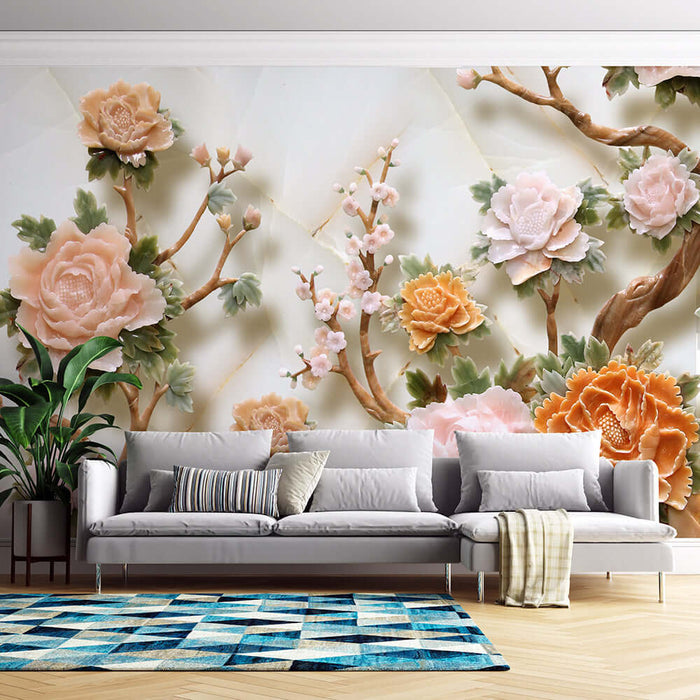 Jade carved peony wallpaper mural | Luxury villa decoration with luxurious Chinese aesthetic imitation jade carving craftsmanship, peony petals