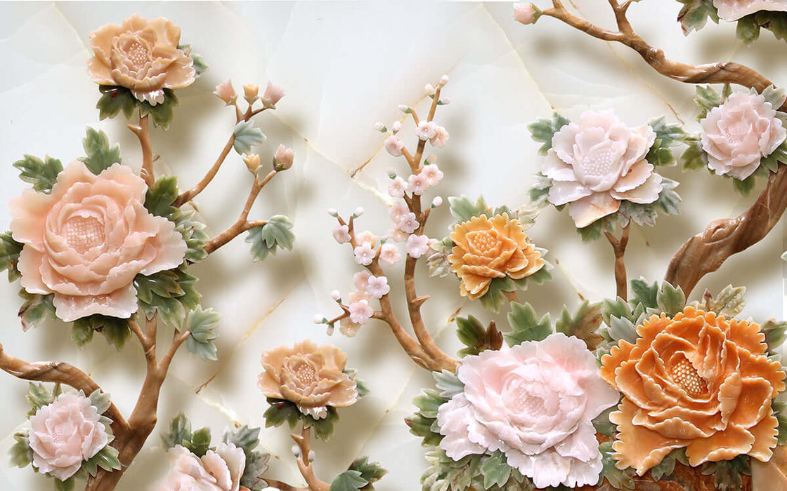 Jade carved peony wallpaper mural | Luxury villa decoration — intricate imitation jade peony petals with three-dimensional relief for luxurious Chinese aesthetic