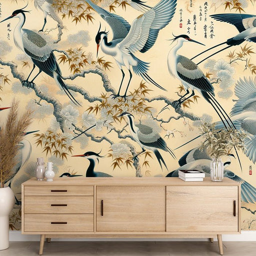 Japanese bird wallpaper mural | Crane and Japanese characters - Carving wallpaper