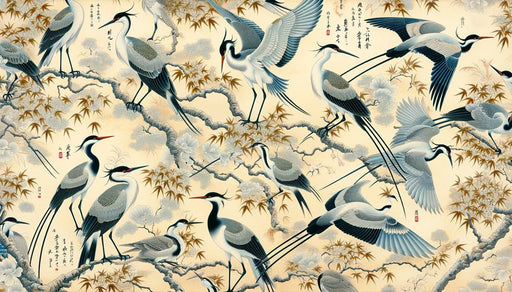 Japanese bird wallpaper mural | Crane and Japanese characters - Carving wallpaper