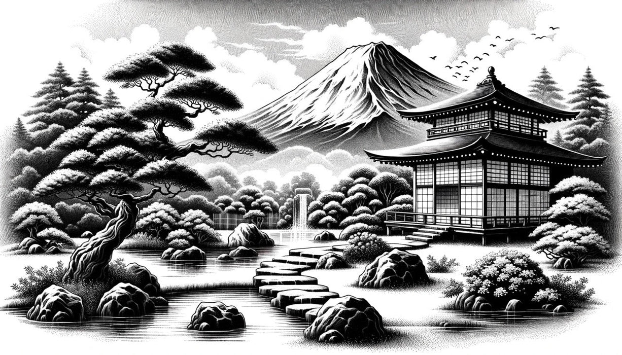 Japanese black and white wallpaper mural | Painting of temples at the foot of Mount Fuji - Carving wallpaper