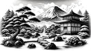 Japanese black and white wallpaper mural | Painting of temples at the foot of Mount Fuji - Carving wallpaper