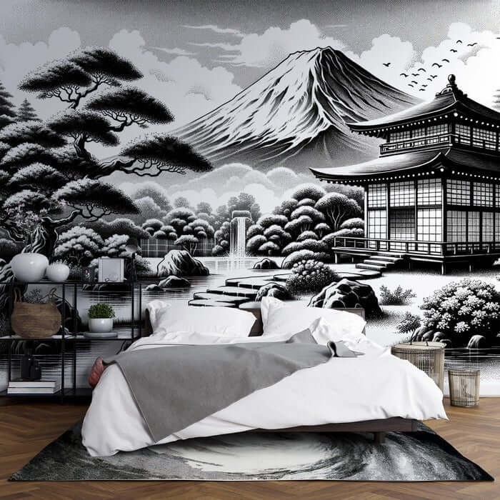 black and white Japanese wallpaper mural Mount Fuji — Carving